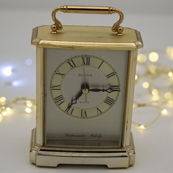Vintage Bulova Westminster Melody Gold-Tone Mantel Clock Quartz With Handle - Picture 1 of 7